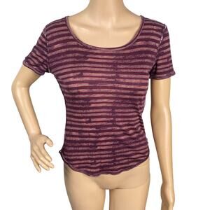 Free People Purple Pink Striped Ribbed Babydoll Tee Knit Top SZ M
